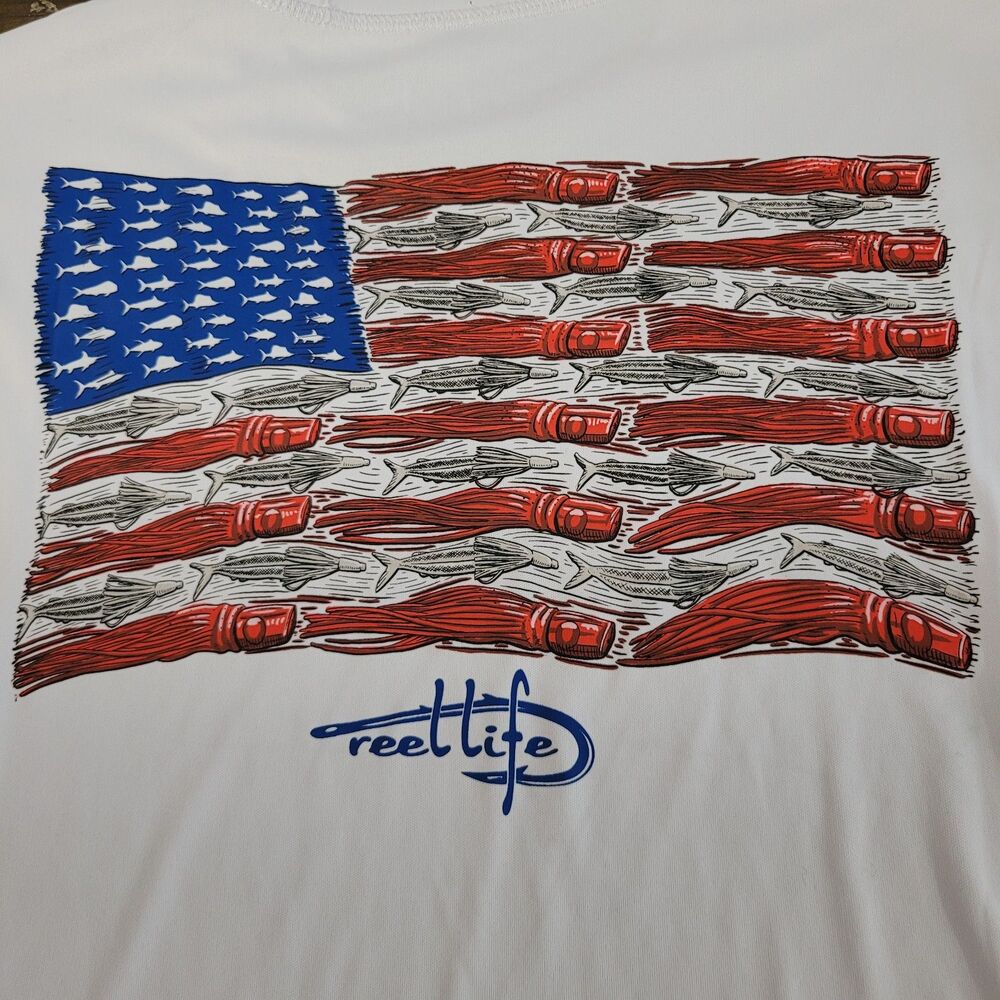 Reel Life Sun Defender American Flag Performance Fishing Shirt White Mens XL - Picture 2 of 10
